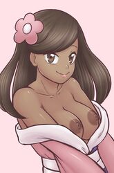 1girls areola areolae bare_shoulders blossom_(pokemon) breasts brown_eyes brown_skin collarbone dark-skinned_female dark_areola dark_areolae dark_hair dark_nipples female female_focus female_only flower flower_in_hair furisode_girl_(pokemon) furisode_girl_blossom furisode_girl_shione game_freak japanese_clothes kimono nintendo nipples npc_trainer partially_undressed pokemon pokemon_xy rapps shione_(pokemon) shoulders smile smiling solo solo_female