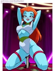 1girls buzz_lightyear_of_star_command disney mira_nova badspider pole pole_dancing stripper stripper_pole orange_hair hair long_hair arms_behind_head blue_skin blue_body blue_eyes lips pointy_ears smile armpits clothing topwear bottomwear on_knees thigh_strap thighs high_heels heels footwear dollar_bills solo solo_female female female_only alternate_version_available textless textless_version