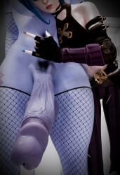 3d 3d_(artwork) arcane arcane_jinx big_penis clothed clothed_female crossover cuddle fishnets flaccid futanari hug huge_cock jinx_(league_of_legends) jinx_arcane large_penis naked nyl_widowmaker overwatch pale-skinned_female pale_skin pubic_hair rock_sign saggy_balls selfie sug_madic3d veiny_penis widowmaker