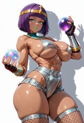 abs ai_generated bare_shoulders bikini bikini_top_only black_gloves blunt_bangs bob_cut breasts circlet crystal_ball dark-skinned_female dark_skin egyptian egyptian_clothes female fingerless_gloves fishnet_thighhighs fishnets gloves green_eyes green_lips grey_bikini holding large_breasts lipstick looking_at_viewer makeup micro_shorts muscular muscular_female purple_hair shadow shiny_skin short_hair short_shorts shorts simple_background skindentation smile solo swimsuit thick_thighs thighhighs thighs tiara usekh_collar vambraces white_background