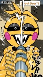 4k 9:16 absurd_res animatronic areola artist_name big_breasts big_penis bird's-eye_view black_eyebrows black_sclera blonde_hair blush blush_stickers bodily_fluids breasts cum dialogue ejaculation english_text eyebrows eyelashes first_person_view five_nights_at_freddy's five_nights_at_freddy's_2 genital_fluids genitals hair handjob hi_res high-angle_view humanoid_genitalia humanoid_penis looking_at_viewer machine nipples orange_areola orange_nipples penile penis pink_blush pupils robot scottgames sex sharp_teeth short_hair speech_bubble straight tdtbaa teeth text toy_chica_(fnaf) watermark white_eyes white_pupils yellow_body