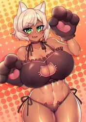 blonde_hair blush cat_ear_panties cat_ears cat_lingerie catgirl curvy dark-skinned_female dark_skin female female_only green_eyes huge_breasts looking_at_viewer midriff muscular_female oerba_yun_fang original osiimi short_hair side-tie_panties solo thick_thighs wide_hips