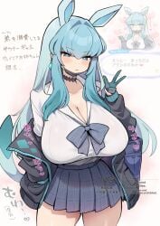 1girls animal_ears black_jacket blue_eyes blue_hair blue_skirt blush breasts choujiroo closed_mouth commentary_request female female_only gen_4_pokemon glaceon highres huge_breasts jacket looking_at_viewer multicolored_hair nintendo open_clothes open_jacket personification plaid_clothes plaid_skirt pleated_skirt pokemon pokemon_(creature) shirt skirt solo translation_request two-tone_hair white_shirt