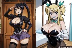 ai_generated big_breasts black_hair black_lips black_lipstick blonde_hair blue_lips blue_lipstick brown_eyes bunny_ears bunny_girl bunnysuit cleavage evil_grin evil_smile eyeshadow fairy_tail female goth goth_girl gothic gothic_lolita grabbing_own_breasts hand_on_hip huge_breasts indoors leotard long_hair looking_at_viewer lucy_heartfilia makeup multiple_views nail_polish omega_weirdo patreon ponytail posing posing_for_the_viewer ribbon salute seducing seductive seductive_pose seductive_smile skirt smile smiling smiling_at_viewer standing stockings