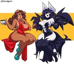 2girls anthro bat_ears bat_girl bat_wings bear_ears black_hair black_lipstick blue_eyes brown_fur brown_hair chiropteran cleavage cup dress eva_(sem-l-grim) eyeshadow fangs female female_only glass heart-shaped_pupils high_heels holding_cup holding_glass long_hair narrowed_eyes nipple_bulge pale-skinned_female pale_skin red_eyes sem-l-grim sharp_claws small_tail ursid very_high_resolution