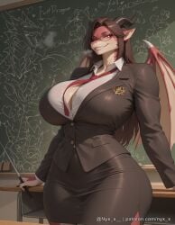 ai_generated between_breasts black_skirt breasts brown_hair button_gap chalk chalkboard classroom cleavage collared_shirt desk dragon_girl dragon_horns dragon_wings english_text female formal furry furry_female glasses grin holding horns huge_breasts indoors jacket large_breasts long_hair looking_at_viewer necktie nyx_x partially_unbuttoned pencil_skirt pointer red_eyes red_necktie shirt skirt smile solo suit teacher teeth white_shirt wings