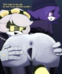 2girls ass ass_focus ass_spread big_ass black_background clit clitoris female_focus female_only lawgx murder_drones needle pointy_tail purple_eyes purple_hair purple_pussy pussy spread spread_pussy spreading spreading_pussy syringe tail text touching_ass uzi_(murder_drones) v_(murder_drones) vaginal vulva white_body yellow_eyes