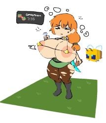 alex_(minecraft) areola areola_slip areolae areolae_slip bee_(minecraft) big_breasts bra breasts diamond_pickaxe female female_focus gameplay_mechanics huge_boobs huge_breasts large_areolae lewdicrousart long_hair micro_bra minecraft mojang nipples orange_hair pickaxe potion ripped_pants shortstack thick_thighs thighs yellow_bra
