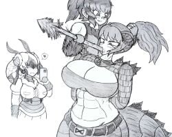 3girls awake_(artist) big_breasts blush filming godzilla godzilla_(series) king_kong monster_girl mothra mothra_(series) object_in_mouth phone phone_in_hand tail tree