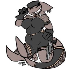 anthro aquatic belt bodysuit camel_toe clothing curvy_figure ear_piercing female fish fishnet_clothing fishnet_legwear gun hat headgear headwear kusama legwear mackerel_shark military military_cap military_clothing piercing ranged_weapon sand_shark shark sharp_teeth skinsuit solo teeth tight_clothing voluptuous voluptuous_female weapon wide_hips