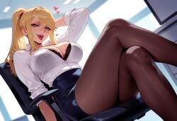 1girls ai_generated arm_behind_head arm_up balecxi bangs black_bra black_clothes black_legwear black_pantyhose black_skirt blonde_hair blue_eyes blurry_background blush bra bra_visible_through_clothes breasts brown_pantyhose chair cleavage clothing collared_shirt crossed_legs curvaceous curvaceous_female curvaceous_figure curvy curvy_figure desk dress_shirt dutch_angle feet_out_of_frame female female_focus female_only from_below hair_between_eyes heart-shaped_pupils high-waist_skirt indoors inviting inviting_to_sex lace-trimmed_bra large_breasts legs long_hair long_sleeves looking_at_viewer metroid miniskirt mole mole_on_breast mole_under_mouth monitor nintendo office office_chair office_lady on_chair open_mouth pantyhose partially_unbuttoned pencil_skirt piercing ponytail presenting presenting_ass presenting_breasts presenting_hindquarters presenting_self samus_aran seductive seductive_look seductive_smile see-through shirt shirt_tucked_in sidelocks sitting skirt sleeves_rolled_up smile solo swept_bangs swivel_chair symbol-shaped_pupils teeth thighs tongue tongue_out underwear upper_teeth_only voluptuous voluptuous_female white_shirt