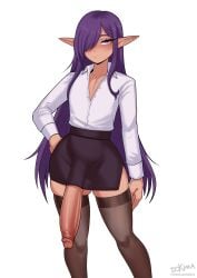 1boy commentary dark_elf dokima elf english_commentary feet_out_of_frame hair_over_one_eye highres huge_cock long_hair long_sleeves looking_at_viewer miniskirt mole mole_under_eye original penis pink_eyes pointy_ears purple_hair skindentation skirt testicles thighhighs trap white_background
