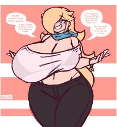 1girls bra bra_visible_through_clothes breast_expansion clothed dialogue huge_breasts hyper hyper_breasts jeans mario_(series) midriff princess_rosalina see-through_clothing skullgeist solo solo_female solo_focus text uneven_breasts