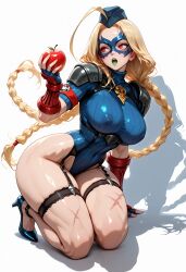 ahoge ai_generated apple arm_support armband armor black_footwear blonde_hair blue_footwear blue_gloves blue_headwear blue_leotard blue_lips blush braid breasts cammy_white covered_navel covered_nipples curvy eyeliner eyeshadow female fingerless_gloves fingernails food food_bite forehead fruit full_body garrison_cap garter_straps gloves hat high_heels highleg highleg_leotard holding holding_food holding_fruit huge_ahoge jewelry kneeling large_breasts leotard lips lipstick long_hair looking_to_the_side makeup mask open_mouth pauldrons red_apple red_eyes red_gloves red_lips ribbed_leotard scar scar_on_cheek scar_on_face shadow short_sleeves shoulder_armor shoulder_pads simple_background skindentation solo taut_leotard thick_thighs thigh_strap thighs tomato toned turtleneck twin_braids underbust very_long_hair white_background wide_hips
