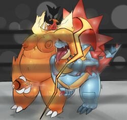 anthro arm_grab armpit_fetish armpit_hair armpit_sniffing balls beard belly big_belly big_nipples bodily_fluids body_hair duo emboar facial_hair feral feraligatr fighting_ring generation_2_pokemon generation_5_pokemon generation_9_pokemon genital_fluids genitals hi_res hidronics humanoid male male/male masturbation mega_emboar mega_evolution mega_feraligatr nintendo nipples overweight overweight_anthro overweight_dom overweight_male overweight_sub penile penis penis_touching penises_touching pokemon pokemon_(species) precum sex sex_game smelly sniffing submissive submissive_male sweat wrestling