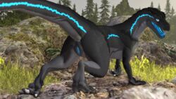 3d allosaurid allosaurus barlu blue_eyes claws dinosaur female feral genitals hi_res looking_at_viewer pussy reptile scales scalie solo source_filmmaker standing stretching teeth theropod tongue ziina