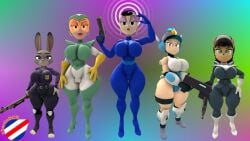 3d 3d_(artwork) 5girls agent_honeydew big_ass big_breasts big_butt black_hair blue_bodysuit bodysuit brown_body brown_fur cat cat_ears dexter's_laboratory dexter's_mom female female_only go_dexter_mom_go green_and_white green_eyes grey_body grey_fur gun judy_hopps kitty_katswell looking_at_viewer mighty_switch_force patricia_wagon pistol pistol_in_hand police police_officer police_uniform policewoman purple_eyes sexy sexy_body sfm shotgun t.u.f.f._puppy tagme tight_bodysuit white_gloves yellow_gloves zootopia zootopia_2
