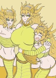3girls awake_(artist) big_ass big_breasts blush ghidorah_(species) godzilla_(series) godzilla_king_of_the_monsters horns hug king_ghidorah long_hair monster_girl sharp_teeth siblings sisters tail thick_thighs thighhighs wings