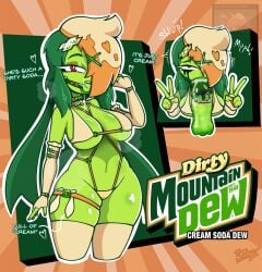mountain_dew 1girls sexually_suggestive suggestive 2d 2d_(artwork) digital_media_(artwork) digital_drawing_(artwork) color colored 2026 english_text text meme_in_the_background green_body green_skin female female_only thesoderaddict red_eyes heart heart_symbol bikini breasts armwarmers arm_warmers solo solo_female onomatopoeia condom_balloon thighs thighhighs thigh_highs v double_v artist_signature choker multicolored_hair looking_at_viewer humanized personification sparkles soda soda_bottle glistening glistening_body
