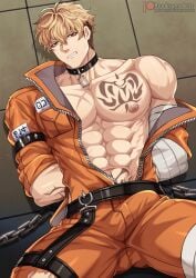 1boy abs annoyed arm_belt arm_tattoo arms_behind_back ass_visible_through_thighs bags_under_eyes bandaged_arm bandaged_leg bandages bara bare_pectorals belt black_belt black_choker blonde_hair bulge chains chest_tattoo choker clenched_teeth collarbone cross_scar gay highres jacket jumpsuit large_pectorals looking_at_viewer lying male_focus muscular muscular_male navel nipple_piercing nipples nu:_carnival nu_carnival official_alternate_costume official_alternate_hairstyle on_ground open_clothes open_jacket orange_eyes orange_jacket orange_jumpsuit orange_pants pants pectorals piercing prison_clothes quincy_(nu:_carnival) quincy_(nu_carnival) quincy_(shackled_thug)_(nu_carnival) ren_ayume scar scar_on_chest short_hair sleeve_rolled_up solo tattoo teeth thigh_strap undercut yaoi zipper