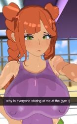 areola azephynight bangs big_breasts big_nipples braided_hair dumb_girl eyeliner eyeshadow gym hazel_eyes heart_hair_ornament looking_at_viewer nipples_visible_through_clothing original_character picture_taking pokies purple_shirt red_hair self_upload shiny_skin snapchat_story sweaty_breasts tank_top tanlines text vestavia_(azephynight) wavy_hair wet_shirt