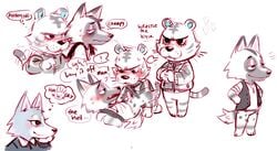 animal_crossing anthro balls blush bottomless canid canine canis clothed clothing duo english_text erection felid fur genitals hi_res kyle_(animal_crossing) lidded_eyes male male/male mammal niichan nintendo pantherine penis rolf_(animal_crossing) tapering_penis text tiger video_games white_body white_fur wolf wolfgang_(animal_crossing)