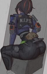 1girls ass ass_focus black_hair black_pants blue_jacket clozzy01 dyed_hair female film_grain from_behind grey_background hi_res high-waist_pants highres jacket light_skin lower_body pants police policewoman solo thick_thighs thighs tight_clothes tight_pants tomboy wet wide_hips zenless_zone_zero zhu_yuan