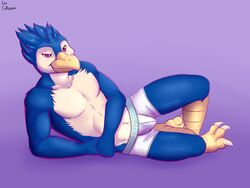 4:3 absurd_res anthro avian beak bird blue_body blue_feathers bulge clothed clothing collarbone feather_tuft feathers geecupcake head_tuft hi_res lying male male_only on_side purple_background red_eyes scutes simple_background solo talons topless tuft underwear white_clothing white_underwear