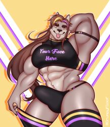 2020 abs abstract_background absurd_res anthro armband biceps big_bulge big_muscles blep bulge canid canine canis clothed clothing crop_top english_text erection erection_under_clothing girly grumpyfloof hair hand_behind_head hi_res legwear long_hair looking_at_viewer male male_only mammal muscular muscular_anthro muscular_male pecs shirt smile solo tenting text text_on_clothing text_on_topwear thigh_highs thong tongue tongue_out topwear underwear wolf