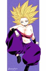 caulifla cleavage dragon_ball dragon_ball_super female gold_hair huge_breasts looking_at_viewer pants saiyan sitting super_saiyan super_saiyan_2