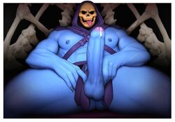 1boy abs bara big_penis blue_skin drawnpr0n erect_penis erection foreskin male male_only masters_of_the_universe penis penis_out precum presenting presenting_penis sitting skeletor skull solo solo_male thick_thighs tongue tongue_out uncircumcised uncut yaoi