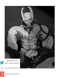 androxus_(paladins) bondage bulge cum cumshot demon dripping_cum evil foreskin gay hairy hochiihayane horny huge_cock male_only masturbating masturbation muscles paladins penis pov pov_eye_contact robot tied unbuckled_belt yaoi