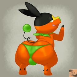 1:1 1boy anthro anthrofied ass axel_(tepigfan101) axel_the_tepig big_ass clothed clothing feet furry half-closed_eyes leaning_on_wall male male_only mammal narrowed_eyes nintendo orange_body original_character partially_clothed pokémon_(species) pokemon pokemon_bw porcine reallydarkandwindie rear_view seductive solo tepig testicles text thick_thighs thong tongue tongue_out underwear video_games watermark wide_hips