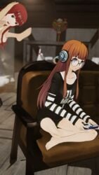 1boy 2girls accurate_art_style atlus carrying clothing feet full_nelson gaming glasses headphones implied_sex kasumi_yoshizawa lifted long_hair megami_tensei meme mokujin_hornywood oblivious_woman_in_glasses_playing_video_games_(meme) official_style open_mouth orange_hair parody persona persona_5 persona_5_royal petite red_hair sakura_futaba sexually_suggestive shocked skinny slim striped_armwear sumire_yoshizawa tagme toes