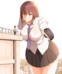 1boy biku_dai female giantess highres looking_at_another macro panah school_uniform size_difference smile