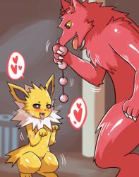 absurd_res ambiguous_gender anal_beads anthro anthrofied black_eyes blush bodily_fluids breath canid canine claws croisshark duo eeveelution feral fur furry half-closed_eyes heart heavy_breathing hi_res holding_anal_beads holding_object holding_sex_toy interspecies jolteon mammal nintendo open_mouth original_character pokémon_(species) pokemon pokemon_rgby purple_eyes red_body red_fur sex_toy size_difference sweat thick_thighs tongue tongue_out video_games wet white_fur wide_hips yellow_body yellow_ears yellow_fur yellow_sclera