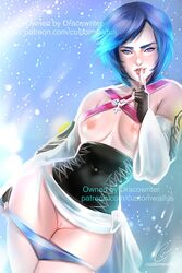 aqua_(kingdom_hearts) blue_eyes blue_hair customwaifus disney female finger_to_lips fingerless_gloves gloves kingdom_hearts nipples panties_down pussy short_hair solo square_enix