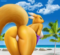 2020 anthro ass beach black_nose breasts butt_focus cloud day detailed_background digimon digimon_(species) female female_only fur furry furry_only genitals hi_res nipples paintchaser palm_tree pussy renamon sand sea seaside smile solo tail tree water yellow_body yellow_fur