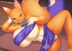 1girls animal_crossing anthro big_breasts breasts canid canine closed_eyes crazy_redd cute_fangs female female_only fox genitals huge_breasts looking_at_viewer mammal mtf_crossgender navel nintendo pussy rule_63 solo tailzkim video_games