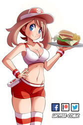 1girls 2018 abs aged_up alternate_breast_size alternate_costume alternate_outfit armpits artist_name bag bangs bare_shoulders belly belt blue_eyes blush breasts brown_hair cleavage collarbone deviantart eyebrows_visible_through_hair facebook fast_food fast_food_uniform female female_focus female_only fit food french_fries hamburger hand_on_hip hand_up happy hat highres holding human human_only image_sample legs_together looking_at_viewer lucyfercomic may_(pokemon) may_(pokemon_oras) medium_breasts medium_hair midriff navel nintendo older patreon pokemon pokemon_oras pouch red_headwear red_legwear red_shorts shiny shiny_skin short_shorts shorts simple_background skindentation smile solo sports_bra standing striped striped_legwear text thick_thighs thighhighs thighs tray twitter visor_cap waitress watermark white_background wide_hips wristband