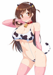 1girls animal_ears animal_print arm_behind_back bangs bare_shoulders bell belt_collar blush braid breasts brown_eyes brown_hair collar collarbone commentary_request cow_ears cow_print cow_tail cowbell crown_braid ear_tag elbow_gloves fake_animal_ears fake_horns female gloves hair_flip hairband highres horns ichi_makoto kanojo_okarishimasu kazuma_(kazumav) large_breasts long_hair looking_at_viewer mizuhara_chizuru navel nose_blush pink_gloves pink_legwear print_swimsuit simple_background slingshot_swimsuit solo sweat swimsuit tail thighhighs white_background