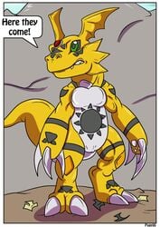 black_markings black_sclera claws comic comic_page digimon digimon_(species) female genderswap genitals green_eyes guilmon hi_res markings page_6 page_number pussy reptile rex_equinox scalie teeth toe_claws white_claws yellow_body