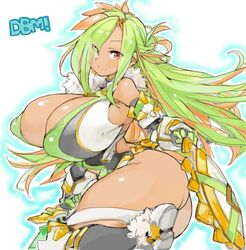 ass curvy dark-skinned_female dark_skin green_hair hair_ornament huge_breasts impossible_opening looking_at_viewer meloline_(melon22) nipple_bulge original original_character red_eyes sachito smile streaked_hair thick_thighs thighs