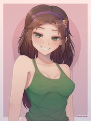 big_breasts blush brown_hair erect_nipples freckles green_eyes headband jojo's_bizarre_adventure long_hair nipple_bulge nipples panties shuckmeister smug