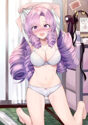 armpits arms_up barefoot big_breasts big_hair bra desuwa drill_hair hyakumantenbara_salome lifting_shirt midriff navel nijisanji panties purple_eyes purple_hair rei_(rei's_room) shirt_lift taking_clothes_off underwear undressing virtual_youtuber