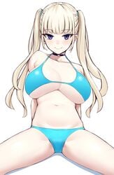 big_breasts bikini blonde_hair blue_eyes blush choker huge_breasts looking_at_viewer michihasu midriff original original_character pale-skinned_female pale_skin smile spread_legs thighs twintails