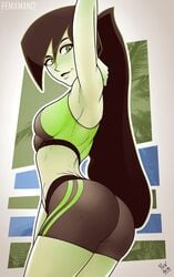 1girls arm_up armpits ass bike_shorts black_hair butt dat_ass disney disney_channel female female_only fenixman12 green_eyes green_skin kim_possible ponytail shego solo sports_bra sportswear