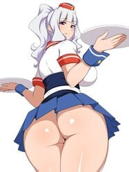 1girls ass clothing eyebrows_visible_through_hair female female_only from_below hat holding_plate human human_only idolmaster jabara_tornado large_breasts long_hair looking_back shijou_takane shiny shiny_skin shirt skirt solo thick_thighs thighs upskirt waitress white_background white_hair