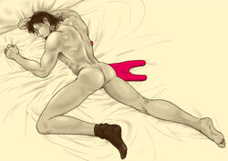 1boy ass kotetsu_t._kaburagi male_only on_belly one_sock sleeping tan_skin tiger_and_bunny