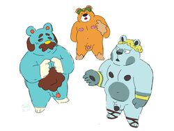 animal_crossing anthro beardo_(animal_crossing) blonde_hair body_hair chest_hair clothing facial_hair flaccid footwear genitals group hair hallowseverett klaus_(animal_crossing) male male/male mammal moustache nate_(animal_crossing) nintendo nipples nude penis pubes sandals small_penis ursid video_games